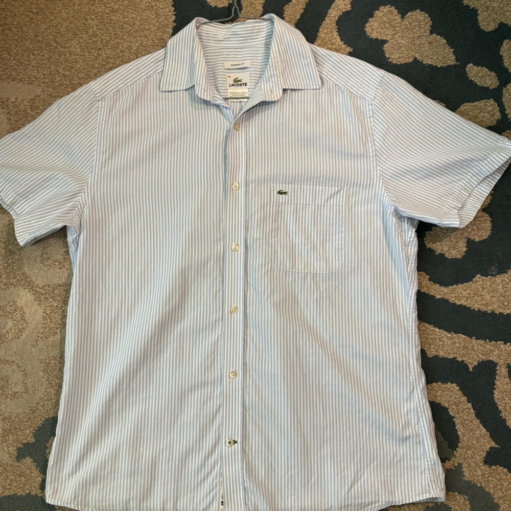 Lacoste Men’s Button Size 40 White With Blue Stripe Preppy Old Money
